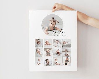 Printables for simple modern living by HarperAndWren on Etsy First Birthday Polaroid, First Birthday Photo Collage, My First Year Photo Frame, Birthday Photo Displays, Baby Photo Collages, Year Poster, Birthday Photo Collage, Birthday Collage, Collage Foto