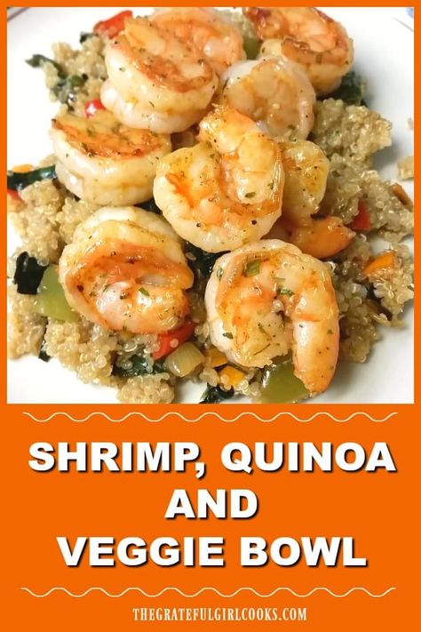 Make a delicious, filling shrimp quinoa veggie bowl, an all-in-one meal with cajun seasoned shrimp, fluffy quinoa, Swiss chard, onions, and peppers. via @gratefuljb Shrimp Veggie Bowl, Shrimp Power Bowl, Quinoa Shrimp Bowl, Quinoa And Shrimp Recipes, Shrimp And Quinoa Recipes, Shrimp With Quinoa, Quinoa Veggie Bowl, Shrimp Quinoa Bowl, Quinoa Bowls Healthy