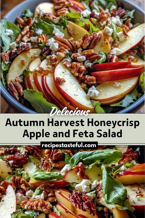 This Autumn Harvest Honeycrisp Apple and Feta Salad combines crisp Honeycrisp apples, creamy feta cheese, and crunchy toasted pecans with a tangy apple cider vinaigrette. It’s perfect for celebrating fall flavors with a mix of sweet, tangy, and crunchy elements, making it a refreshing and flavorful side dish or light meal. Apple And Feta Salad, Harvest Salad Recipes, Thanksgiving Salad Recipes, Apple Cider Vinaigrette, Honeycrisp Apple, Autumn Salad Recipes, Cider Vinaigrette, Thanksgiving Salad, Creamy Feta