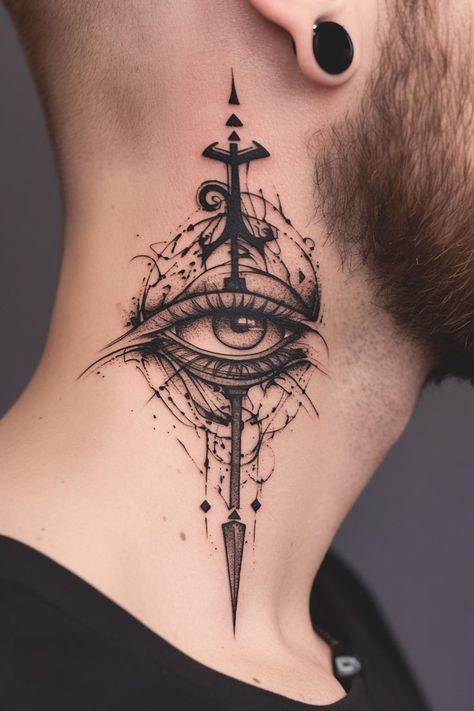 Tattoo Ideas Neck Men, The All Seeing Eye Tattoo, Back Eye Tattoo, Unique Neck Tattoos For Men, Shiva Eye Tattoo, Self Made Man Tattoo, Neck Tattoo Designs Men, Eye Tattoo Ideas For Men, Little Neck Tattoos