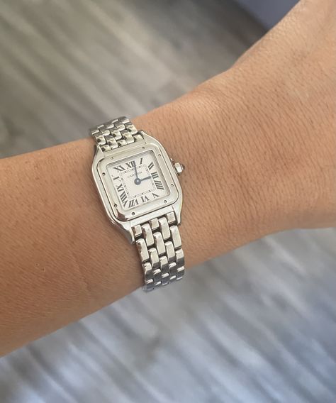 Cartier Panthere Watch Aesthetic, Cartier Panthere Watch, Cartier La Panthere Watch, Panthers De Cartier Watch Mini, Cartier Panthere Watch Silver, Lux Watches, Cartier Watches Women, Gold And Silver Watch, Silver Watches Women