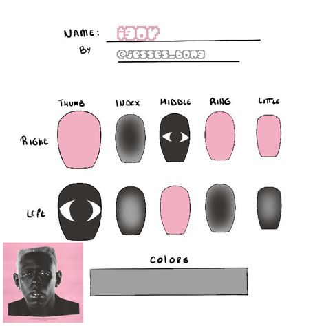 Band Nails Design, Music Artist Inspired Nails, Childish Gambino Inspired Nails, Tyler The Creator Makeup, Kanye West Inspired Nails, Ohshc Nails, Nail Art Tyler The Creator, Tyler The Creator Nails Igor, Tyler The Creator Nail Polish