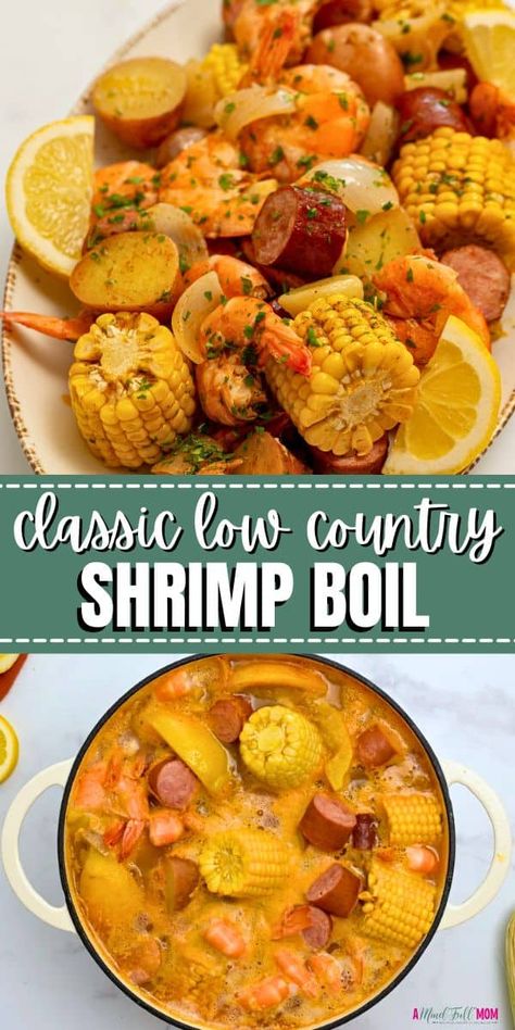 Made with fresh shrimp, tender potatoes, sweet corn, and smoked sausage in a perfectly seasoned broth, this shrimp boil recipe is one of the easiest, yet tastiest recipes to make! Cajun Low Country Boil Recipe, Crockpot Cajun Boil, Shrimp Sausage Potato Corn Boil, Crock Pot Low Country Boil, Shrimp Boil For 2, Easy Low Country Boil Recipe, Best Low Country Boil Recipe, Low Boil Recipe, Oven Low Country Boil