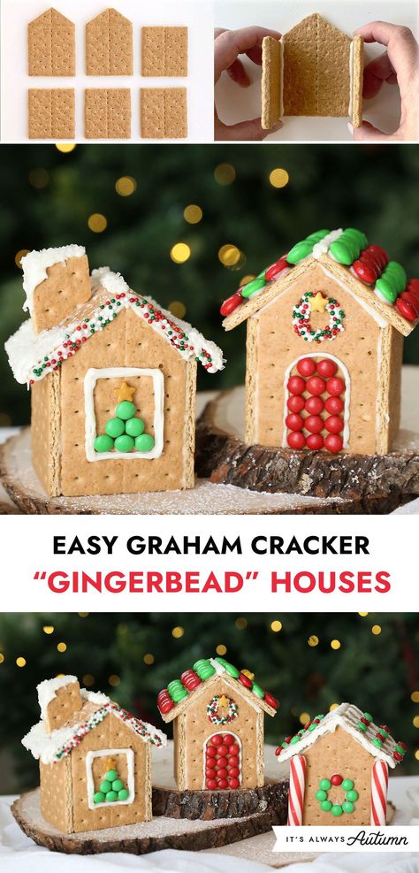 This is the easiest way to make a gingerbread house! Click through for step by step instructions for easy graham cracker houses that won't collapse. Gingerbread Houses Using Graham Crackers, How To Make A Gingerbread House With Graham Crackers, Gingerbread Houses With Graham Crackers Ideas, Graham Cracker Gingerbread Houses For Kids, Gingerbread House Ideas With Graham, Gingerbread House Made From Graham Crackers, Ginger Bread House Out Of Graham Crackers, Grahm Cracker Gingerbread House, Ginger Bread House With Graham Crackers