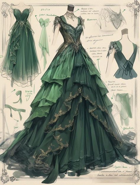 Dark Green Dress Aesthetic, Grand Dresses, Cottagecore Gown, Royalty Outfits, Creative Dresses, Magical Dress, Whimsical Dress, Fantasy Dresses, Fashion Drawing Dresses