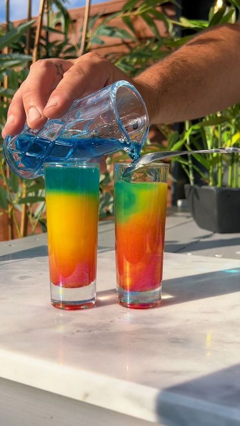 Pride Jello Shots, Neon Shots Alcohol, Rainbow Paradise Cocktail, Rainbow Jello Shots, Rainbow Shots, Shots Shots Shots, Lesley Gore, Man Cave Bar, Lollipop