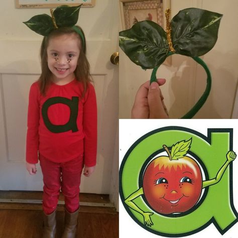 Annie Apple Costume from Letterland for a Letterland parade. A plain red long sleeve shirt with an a cut from a sheet of felt hot glued on. Headband was made from a St. Patrick's day bow headband from Dollar Tree with leaves from a leaf bouquet from Dollar Tree and a golden pipe cleaner, all put together with hot glue. Annie Apple Costume, Letter Land Characters Costumes, Letterland Characters Costumes, Apple Costume Diy, Apple Costume For Kids, Diy Apple Costume, Alphabet Costumes, Letterland Costumes Ideas, Alphabet Costume