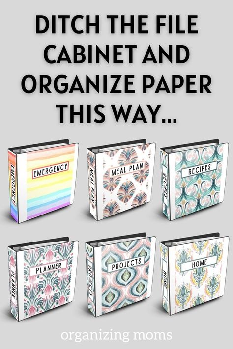 Image of printable binder covers on binders. Text says Ditch the File Cabinet and Organize Paper This Way... Brochure Organization Storage, Paperwork Organization Filing System, Organizing Papers At Home, Document Organization Ideas, Personal File Organization, Home Filing System Categories Free Printable, Important Documents Storage, Organizing Bills And Paperwork, Home File Organization Categories