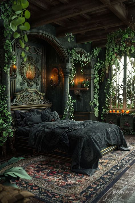 Black Bedroom Ideas for a Modern and Cozy Space - Puqqu Dark Princess Bedroom Aesthetic, Gothic Green Bedroom, Dark Fairycore Bedroom, Dark Cozy Bedroom Ideas Romantic, Black Themed Bedroom, Green And Black Bedroom, Dark Bedroom Decor, Black Bedroom Ideas, Art Bedroom Ideas