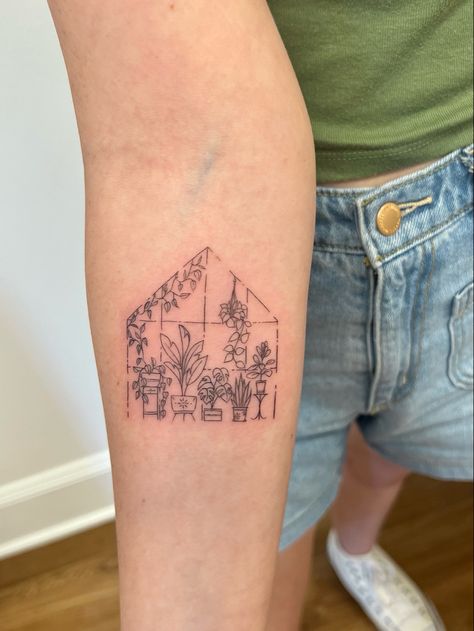 Tiny Garden Tattoo, Plant Book Tattoo, Garden Design Tattoo, Interior Design Tattoo Ideas, Potted Plants Tattoo, Large Fine Line Tattoo Ideas, Garden Inspired Tattoos, Farmers Market Tattoo, Small Houseplant Tattoo