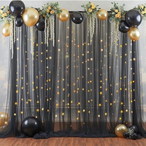 Freshers Decoration Ideas, Farewell Backdrop Ideas, Freshers Party Decoration Ideas, Farewell Party Ideas Decoration, Curtain With Lights, Black Birthday Backdrop, Hoco Dance, Sheer Backdrop, Square Backdrop