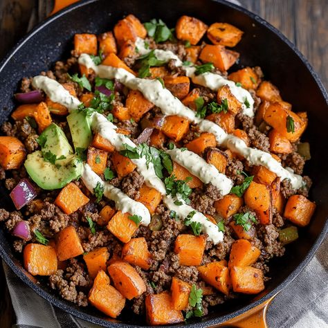 Quick and delicious Ground Beef and Sweet Potatoes Skillet, perfect for a healthy dinner. Ready in 30 minutes! Hamburger Sweet Potato Skillet, Sweet Potato Recipes Ground Beef, Sweet Potato Ground Beef Bowl, Sweet Potato And Beef Recipes, Ground Beef Sweet Potato Bowl, Sauce For Ground Beef, Beef And Sweet Potato Recipes, Ground Beef And Sweet Potato Recipes, Ground Beef Sweet Potato Recipes