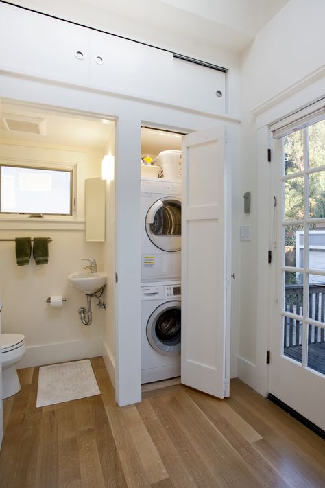 A new guest bath and laundry room were installed Laundry Bathroom Combo, Utility Bathroom, Perfect Laundry Room, Small Laundry Room Organization, Laundry Room Closet, Laundry Room Bathroom, Laundry Room Remodel, Laundry Closet, Small Laundry Rooms