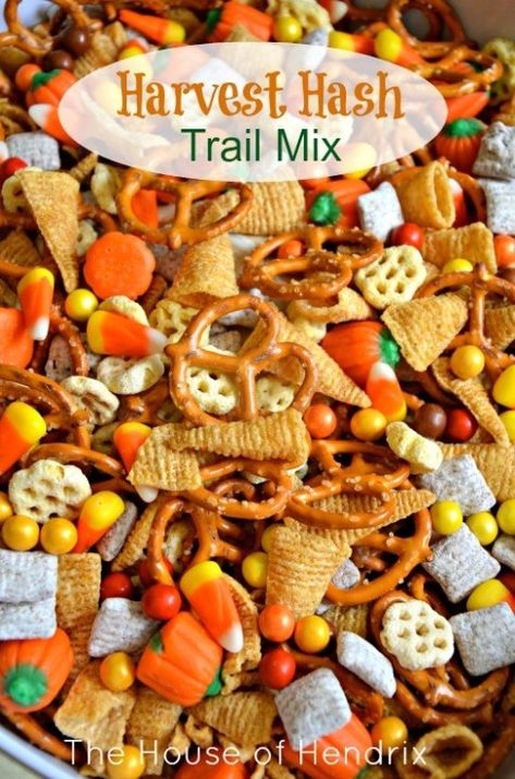 Halloween Trail Mix Recipe, Harvest Hash, Halloween Trail Mix, Ranch Chex, Fall Snack Mixes, Halloween Snack Mix, Fall Party Food, Cheesy Ranch, Thanksgiving Snacks