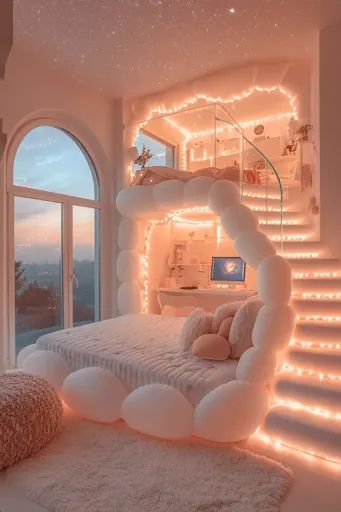 ↑↑↑ Larger size on website 🔸 The image shows a cozy bedroom with a bed that looks like a cloud. The bed is surrounded by white fa Soft Bed Frame Ideas, Sky Room Ideas, Big Cute Bedroom, Cute Purple Rooms, Cozy Cute Room Aesthetic, Cute Yellow Bedroom Ideas, Cozy Spot In Bedroom, Cute Cozy Bedroom Aesthetic, Bedroom Ideas For Girl Rooms