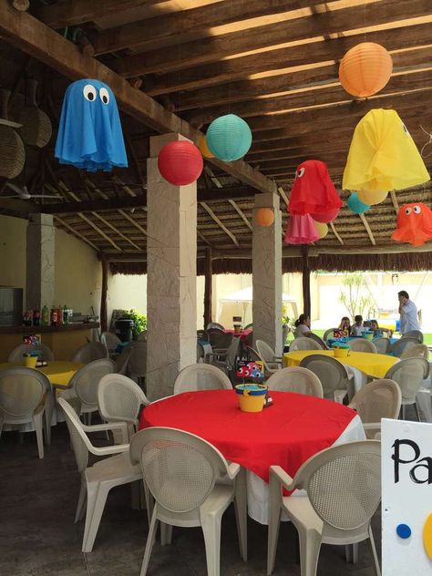 PacMan Party | CatchMyParty.com Arcade Game Birthday Party, Retro Video Game Party Decorations, Pac Man Party Ideas, Pacman Party Ideas, Arcade Party Ideas, Arcade Birthday Party Ideas, Pacman Decorations, Pac Man Decorations, Pac Man Birthday Party