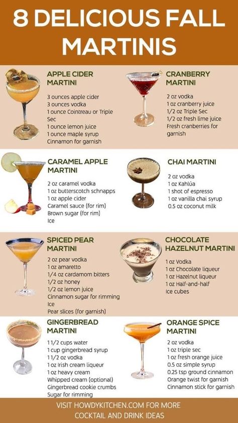 🍂🍸 Fall in love with these 8 delicious martini recipes!From Apple Cider to Chocolate Hazelnut, each sip is a perfect blend of autumn flavors. Cheers to cozy vibes! #FallCocktails #MartiniMagic #franklinma #liquor Fall Martinis Recipes, Fall Martini, Bartenders Guide, Aesthetic Drinks, Fall Cocktails Recipes, Fall Cocktail, Thanksgiving Drinks, Boozy Drinks, Drinks Alcohol