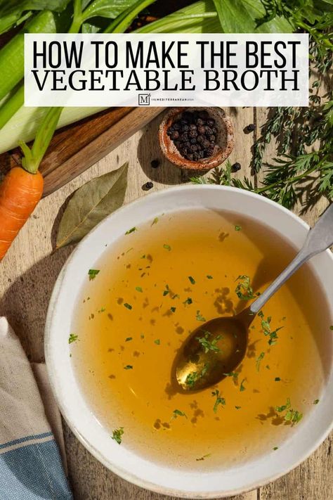 Learn how to make vegetable broth with this easy vegetable stock recipe, complete with dried mushrooms, tomato, herbs and spices. Vegan Soup Broth, Vegan Broth Recipe, Diy Vegetable Broth, How To Make Broth, Tomato Broth Recipe, How To Make Vegetable Broth, Vegetable Broth Recipes, Easy Vegetable Broth, Homemade Veggie Broth