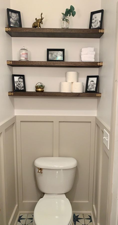 Floating Shelves Half Bath, Powder Bath Shelves, Bathroom Toilet Nook Ideas, Toilet In Small Space, Shelves In Half Bath, Shelves About Toilet, Toilet Room Ideas Panelling, Farmhouse Downstairs Toilet, Water Room Bathroom Decor