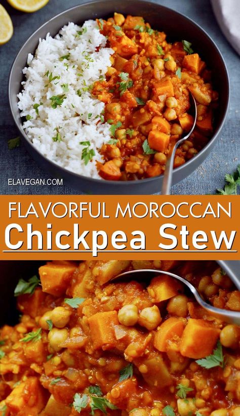 This Moroccan chickpea stew is simple, hearty, comforting, and loaded with veggies and warming spices for a truly delicious and satisfying gluten-free, meat-free meal! #Moroccanchickpeastew #chickpeastew #veggiestew #lentilstew #elasrecipes | elavegan.com Moroccan Chickpea Stew, Vegan Chickpea Recipes, Moroccan Chickpea, Moroccan Stew, Moroccan Vegetables, Vegan Stew, Chickpea Stew, Lentil Stew, Vegan Main Dishes