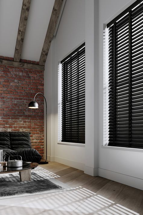 Black wooden blinds with tapes in a modern loft apartment Black Wooden Blinds Living Room, Colored Blinds For Windows, Black Horizontal Blinds, Black Bamboo Blinds, Living Room With Blinds Only, Black Blinds Bedroom, Black Blinds Living Room, Blinds For Black Windows, Modern Blinds For Windows Living Room