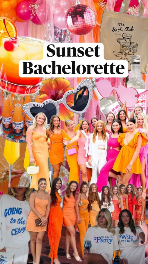 Theme for a sunset or sunrise bachelorette party! Inspo Brunch Ideas For Bachelorette Party, Colour Bachelorette Party, Carnival Bachelorette Party, Sunset Night Bachelorette, Summer Theme Bachelorette Party, Bacholerette Outfit Theme, Bachelorette Party Outfit Themes Fun, Sunset Theme Bachelorette Outfits, Burnt Orange Bachelorette Party