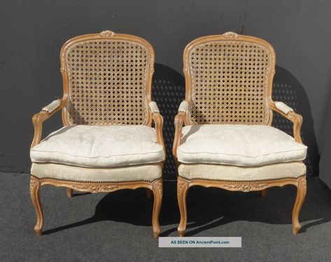 Vintage French Provincial Wood Cane Back Upholstered White Arm Chairs French Country Chairs, French Provincial Chair, Reupholster Chair, Cane Furniture, Cane Chair, French Chairs, Antique Chairs, Armchair Furniture, Vintage Interiors