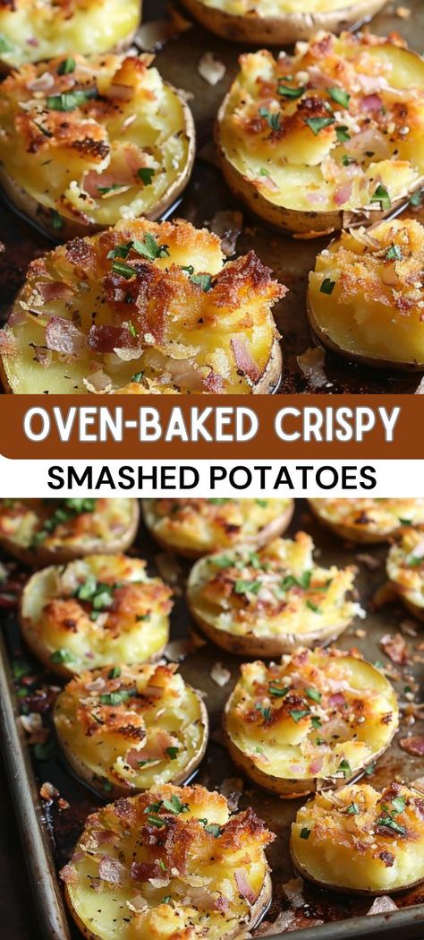 Oven-Baked Crispy Smashed Potatoes Baked Baby Potatoes, Smashed Potatoes Baked, Baby Potato Recipes, Smashed Potatoes Recipe, Baked Steak, Roasted Baby Potatoes, Potatoes In Oven, Crushed Potatoes, Crispy Smashed Potatoes