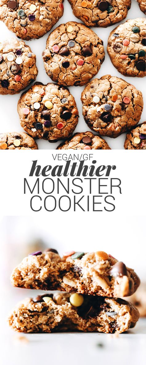 Healthier Monster Cookies full of yummy peanut butter, oats, and chocolate, but minus the candy and sweetened with maple syrup. An easy, fun, feel-good spin! #vegan #glutenfree #peanutbutter #healthyrecipes #cookies #easyrecipes #oatmealcookies #veganrecipes via @feastingonfruit Monster Cookies Healthy, Healthy Monster Cookies, Peanut Free Monster Cookies, Vegan Monster Cookies, Paleo Nutter Butter Cookies, Feasting On Fruit, Desserts Keto, Cookie Monster, Vegan Mac And Cheese