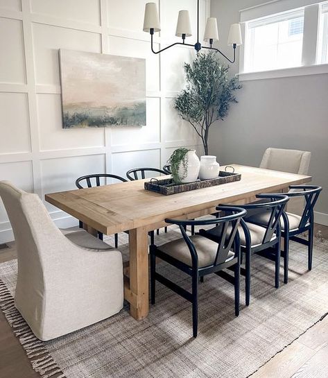 Dining Room Neutrals, Dining Room Decor Long Table, Long Dining Table Styling, Dining Room Design Organic Modern, Large Wall Mirror Dining Room, Long Dining Room Ideas, Dining Room Mixed Chairs, Long Table Decor Home, Dining Room In Entryway