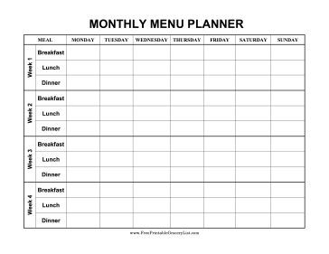 This monthly menu planner has four weeks of meals and sections for breakfast, lunch and dinner. Free to download and print Monthly Menu Planner, Fitness Journal Printable, Menu Sans Gluten, Monthly Menu, Printable Meal Planner, Monthly Meal Planner, Fitness Recipes, Diy Organizer, Fitness Planner Printable