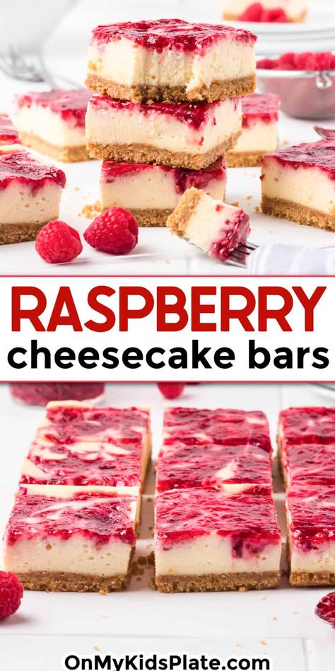 Raspberry cheesecake bars stacked and sliced on the counter with title text overlay in the center of the image. Strawberries And Raspberries Recipes, Dessert Recipes Cheesecake Bars, On My Kids Plate Recipes, Bake Off Dessert Ideas, Healthy Raspberry Cheesecake, Raspberry Cheesecake Cups, Heavenly Raspberry Cheesecake Bars, Baked Cheesecake Bars, Desserts Using Raspberries