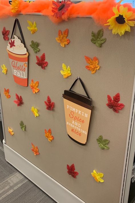 Fall Autumn Work Decor Cubicle Fun Orange , Burgundy, Yellow, Blue, Tan, Gold Fall Decor Ideas For The Classroom, Fall Decor For Desk At Work, Fall Work Office Decor, Fall Nurses Station Decor, Fall Themed Office Decor, Work Desk Fall Decor, Fall Decor For Cubicle, Simple Fall Office Decor, Autumn Office Decor Cubicle