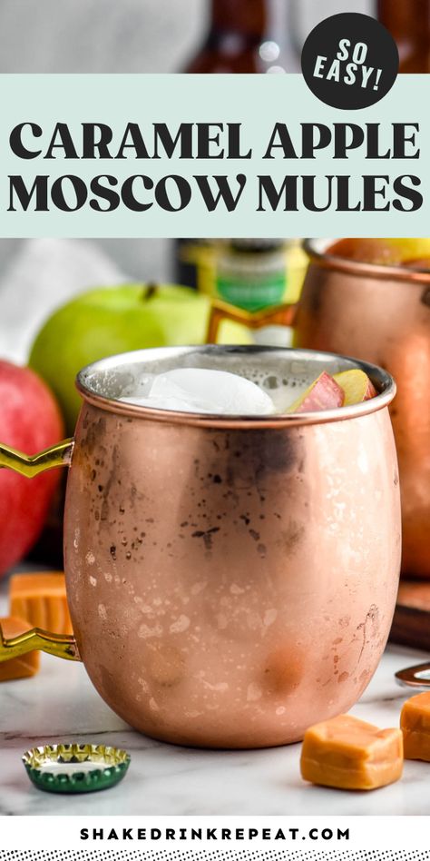 A fall twist on the classic Moscow Mule, this Caramel Apple Moscow Mule recipe is one you will mix up all season long. It is simple, refreshing, and made with only four ingredients. Apple Moscow Mule, Apple Cider Moscow Mule, Moscow Mule Drink, Thanksgiving Cocktail Recipes, Apple Cider Mimosa, Moscow Mules, Caramel Vodka, Moscow Mule Recipe, Mule Cocktail