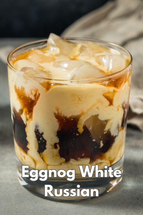 Hot White Russian Cocktail, Eggnog White Russian Cocktails, Cherry Chocolate White Russian, White Russian Eggnog Recipe, Egg Nog White Russian Recipe, Eggnog Liqueur Recipes, Boozy Egg Nog Drinks, Winter White Russian, Eggnog Mixed Drinks