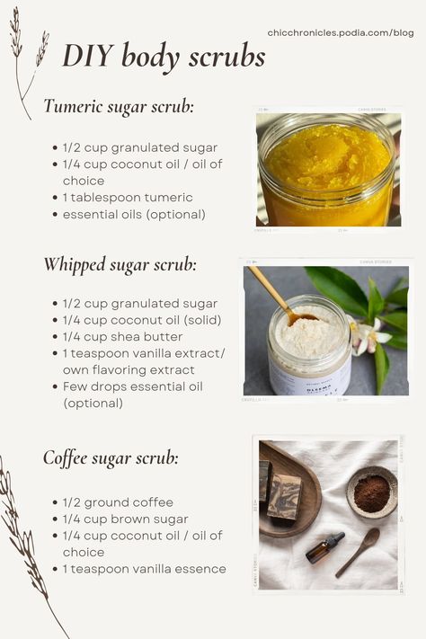 Discover simple and natural DIY body scrubs with these easy recipes! Learn how to make tumeric sugar scrub, whipped sugar scrub, and coffee sugar scrub at home. Perfect for glowing, exfoliated skin using ingredients like coconut oil, shea butter, and essential oils. Get the full guide at chicchronicles.podia.com/blog Homemade Organic Body Wash, Natural Diy Body Scrub, Diy Body Scrubs For Skin Lightening, Coconut Oil Bath Melts, Tumeric And Coconut Oil For Skin, Glow Sugar Scrub Diy, How To Make Vanilla Body Scrub, Homemade Brightening Body Scrub, Oats Scrub Diy