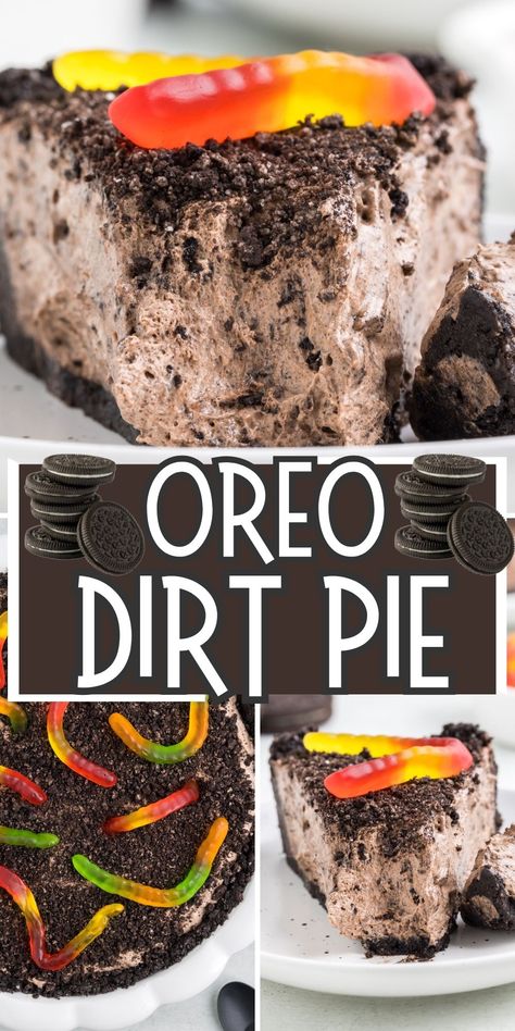 Family favorite Oreo Dirt Pie is not only easy to make and no bake, it's a fun and delicious recipe that kids of all ages love! Homemade Oreo cookie crust, filled with whipped chocolate pudding, topped with Oreo crumbs for the 'dirt', and then finished off with gummy worms. Oreo Pudding Pie No Bake, Oreo And Chocolate Pudding Dessert, Mud Cake Recipes Oreo Dirt Cups, Dirt Cake Pie, No Bake Oreo Dirt Cake, Dirt In A Cup Dessert, No Bake Dirt Pie, Dirt Pudding No Cream Cheese, Chocolate Dirt Pudding Recipe