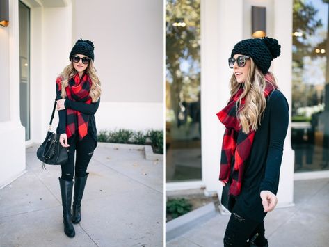 all-black-outfit-buffalo-plaid-scarf-sam-edelman-penny-boot-something-beautiful-the-blog-daryl-ann-denner-print-1 Plaid Scarf Outfit, Outfit Style Ideas, Buffalo Plaid Scarf, Scarf Outfit, Plaid Outfits, Checked Scarf, Kinds Of Clothes, Scarf Tying, All Black Outfit