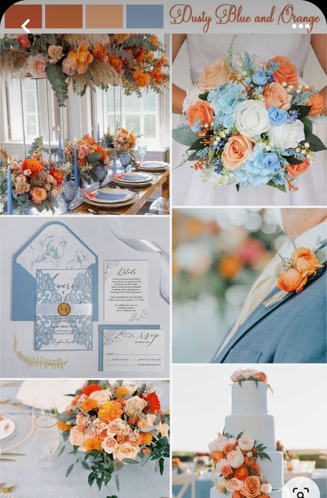 Wedding Color Schemes Orange, Dusty Blue And Orange Wedding, Color Schemes Orange, Orange And Blue Wedding, Blue And Orange Wedding, Blue Orange Weddings, Wedding Color Schemes Blue, Personalized Wedding Invitations, Orange Wedding Themes