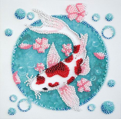 Bead Embroidery Patterns Beadwork Design, Koi Fish Embroidery Pattern, Koi Fish Cross Stitch, Koi Pond Embroidery, Koi Fish Pond Embroidery, Beaded Koi Fish, Hand Embroidery Kits, Fish Beads, Diy Bead Embroidery