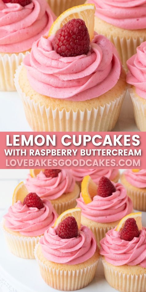 lemon cupcakes with raspberry buttercream frosting pin collage Lemon Cupcake Frosting Recipe, Cupcake Recipes For Easter, Lemon Cupcakes With Raspberry Buttercream, Cupcakes Lemon Raspberry, Fun Buttercream Flavors, Fruit Loop Cupcakes, Lemon Cupcake Ideas, Simple Cupcake Flavors, Lemon Cake Raspberry Buttercream