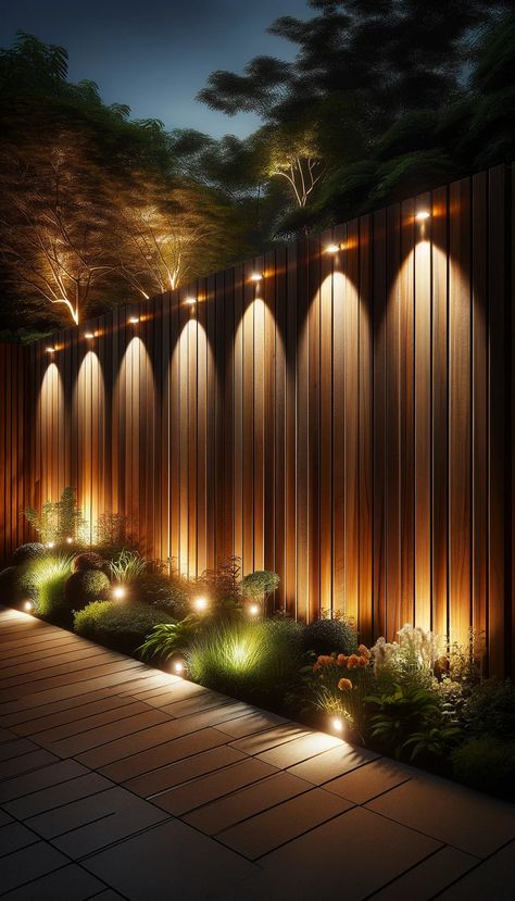 15 Creative Fence Lighting Ideas for a Magical Outdoor Space 26 Lights On Backyard Fence, Elegant Fence Ideas, Backyard Garden Lighting Ideas, Fencing Lighting Ideas, Lighting Along Fence, How To Landscape Lighting, House Outside Lighting Ideas, House Lighting Ideas Outdoor, Backyard Fence Landscaping Ideas