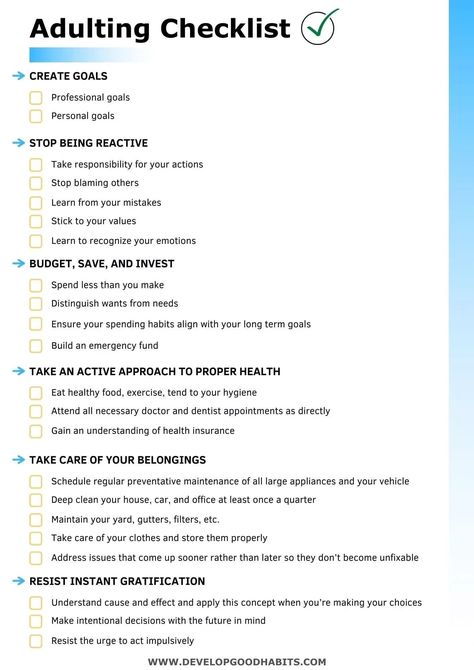 This simple adulting checklist highlights some of the most important personal development skills you need to improve to begin to be an "adult". The checklist can be downloaded as a free pdf. check it out, and learn more about why these six simple ideas are so important to becoming a responsible adult, The Checklist To Live The Life, How To Be An Organized Person, Personal Needs List, Adulting 101 Free Printable, Adulting Tips 20s, To Be List Ideas, How To Be A Grown Up, Personal Development Journal, Things Adults Should Know