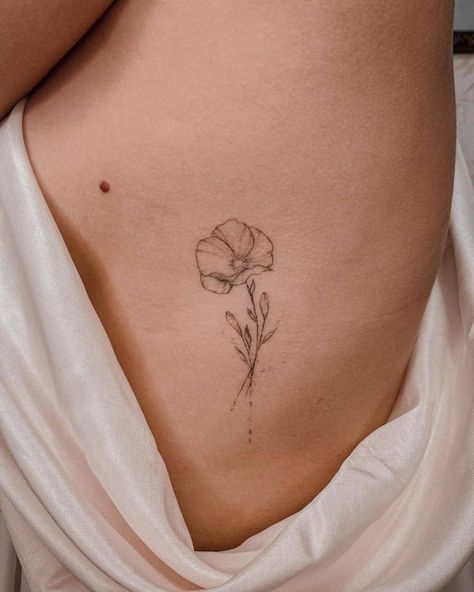 Feminine Tiny Poppy Flower Tattoo Dainty Petunia Tattoo, 3 Poppy Flower Tattoo, Four Flower Tattoo, Poppy Tattoo On Ribs, Cali Poppy Tattoo, Poppy Side Tattoo, Blooming Poppy Tattoo, Common Poppy Tattoo, Poppy Behind The Ear Tattoo