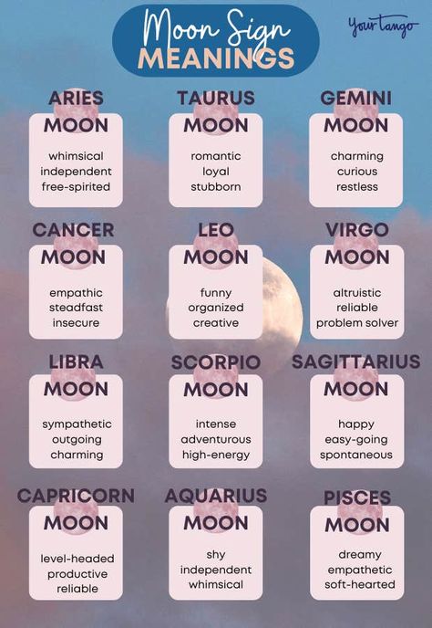 The 12 Moon Signs: Meanings And Effects Explained | YourTango Zodiac Signs Personality Traits, Moon Zodiac Signs, Zodiac Signs Personality, Moon Sign Meaning, Virgo Moon Sign, Moon Sagittarius, Scorpio Moon Sign, Moon Sign Astrology, My Moon Sign