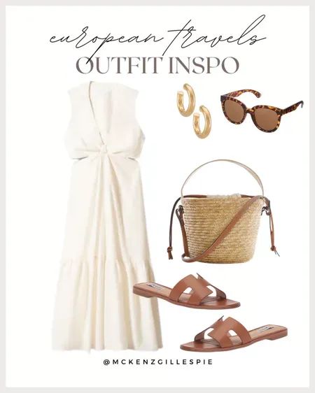 What to wear on vacation. This beautiful white midi dress is the perfect flowy option to dress up or down. Exploring the city or going to dinner, it’s such a staple option! How to style a white midi dress for summer. What To Wear On Vacation, European Travel Outfit, White Sun Dress, Date Night Outfit Summer, European Summer Outfits, White Sundress, Sandals Outfit, Knot Dress, Dress For Summer