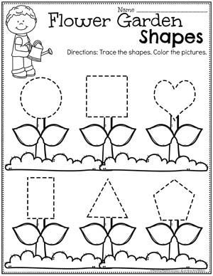 Spring Preschool Worksheets - Shapes Tracing #springworksheets #preschoolworksheets #planningplaytime #shapesworksheets Flower Garden Shapes, Spring For Preschool, Spring Preschool Theme, Spring Worksheets Preschool, Garden Shapes, Shape Worksheet, Shapes Tracing, Preschool Theme Activities, Spring Theme Preschool