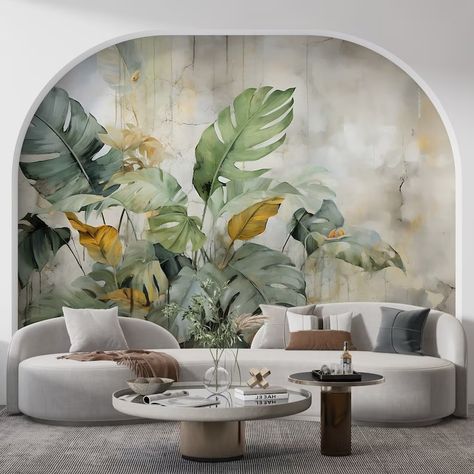 ABSTRACT Concrete Wall With Tropical Leaves Palm Tropical Wallpaper Tropical Landscape Mural Vintage Jungle Pattern 518 - Etsy Romania Rooms With Floral Wallpaper, Tropical Wallpaper Living Room Ideas, Tropical Wallpaper Bedroom Ideas, Large Format Wallpaper, Living Room Decor With Wallpaper, Tropical Room Design, Home Office Tropical, Mural Ideas Living Room, Tropical Set Design