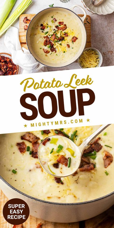 Potato Leek Soup Leeks Soup Recipes, Potato Leek, Bacon Soup, Bacon Potato, Fall Soup Recipes, Potato Leek Soup, Hearty Soup, Irish Roots, Leek Soup