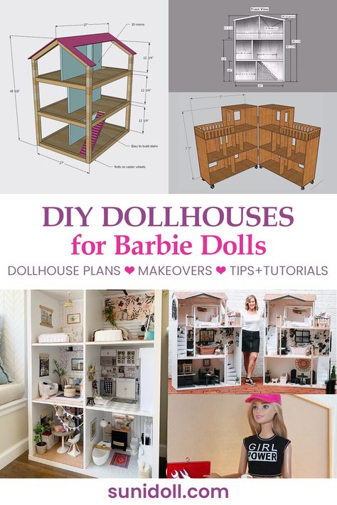 DIY dollhouses for Barbie dolls - dollhouse plans, makeovers, tip and tutorials Barbie Doll House Measurements, Barbie Doll House Plans Free, Victorian Dollhouse Plans Free, Making Dolls House Furniture Diy, Building A Barbie Doll House, Diy Wood Barbie House, Build Your Own Dollhouse Easy Diy, 1/6 Scale Barbie Furniture Diy, Make Your Own Dollhouse